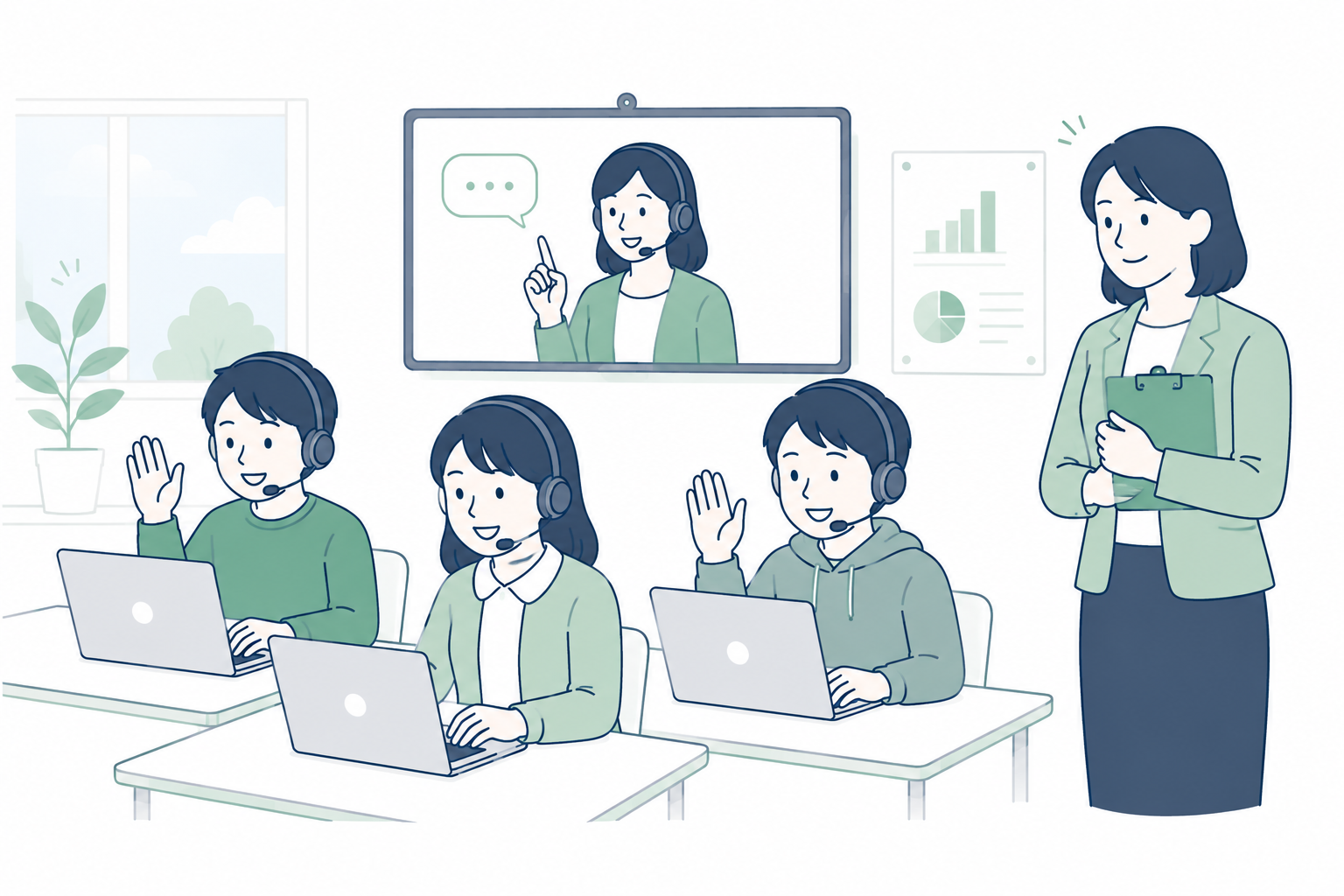 学校で生徒がオンライン英会話を受講し、担当者が運営を支援する様子