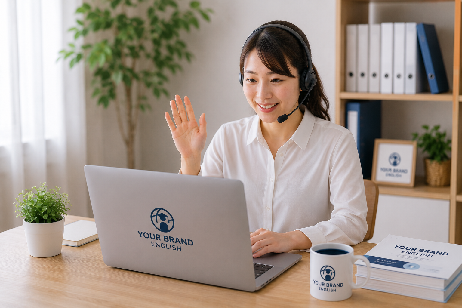 企業独自ブランドのオンライン英会話サービスを運営するイメージ