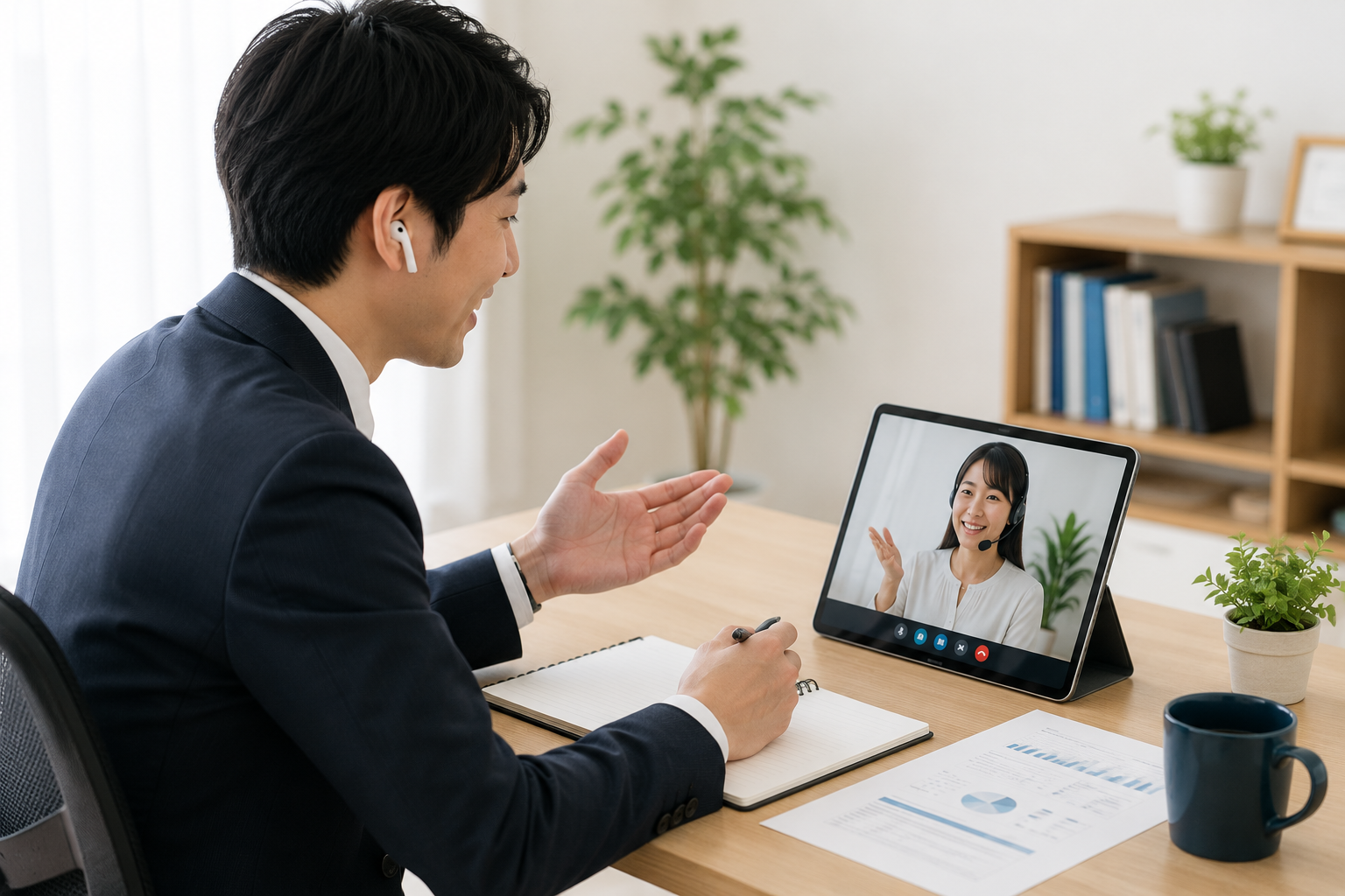 会社員がオンラインで英語研修を受けている様子