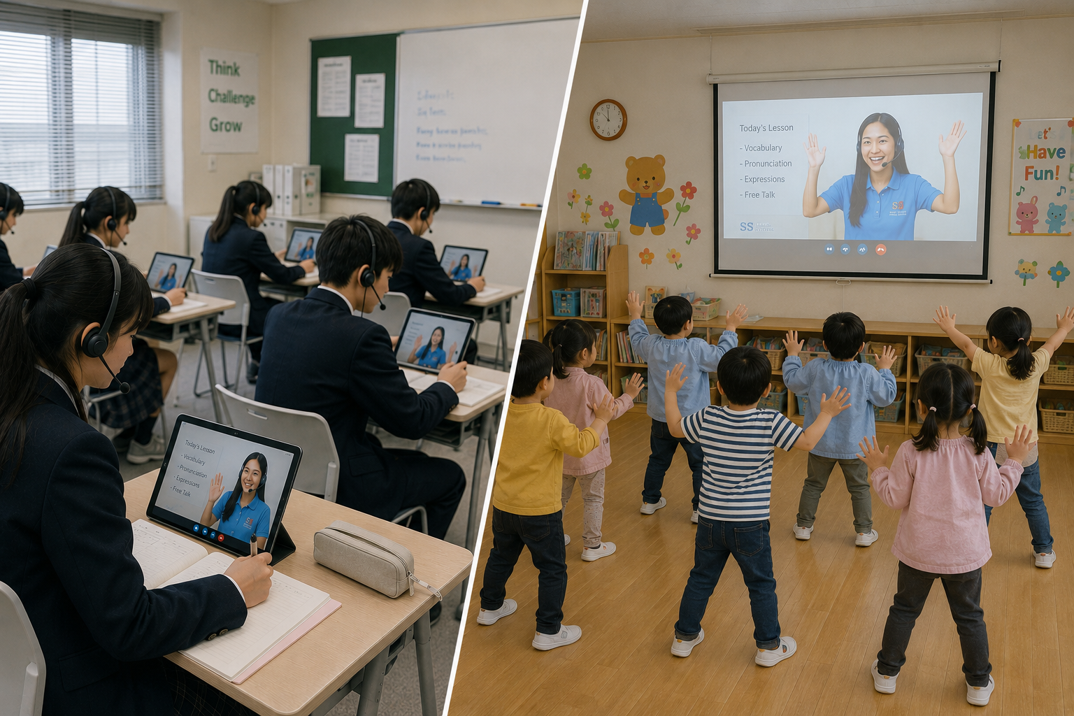 高等学校と幼稚園の教育現場で提供されるオンライン英会話